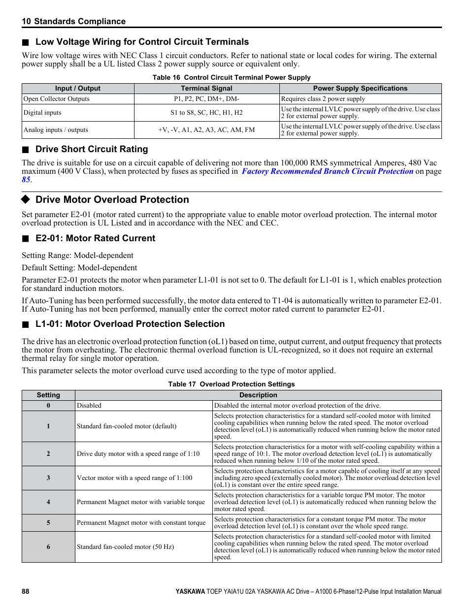 Drive motor overload protection | Yaskawa A1000 6-Phase/12-Pulse Input User Manual | Page 88 / 92