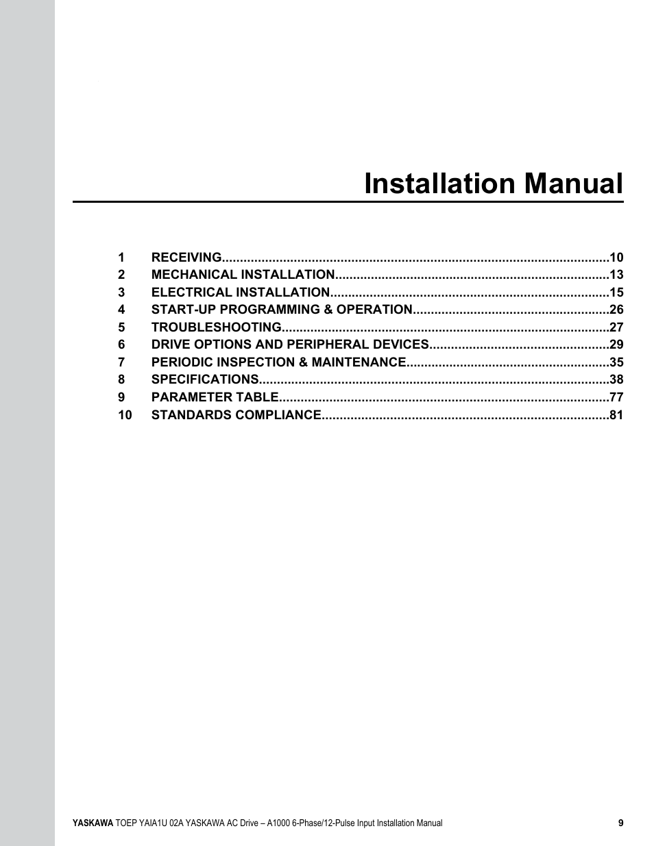 Installation manual | Yaskawa A1000 6-Phase/12-Pulse Input User Manual | Page 9 / 92
