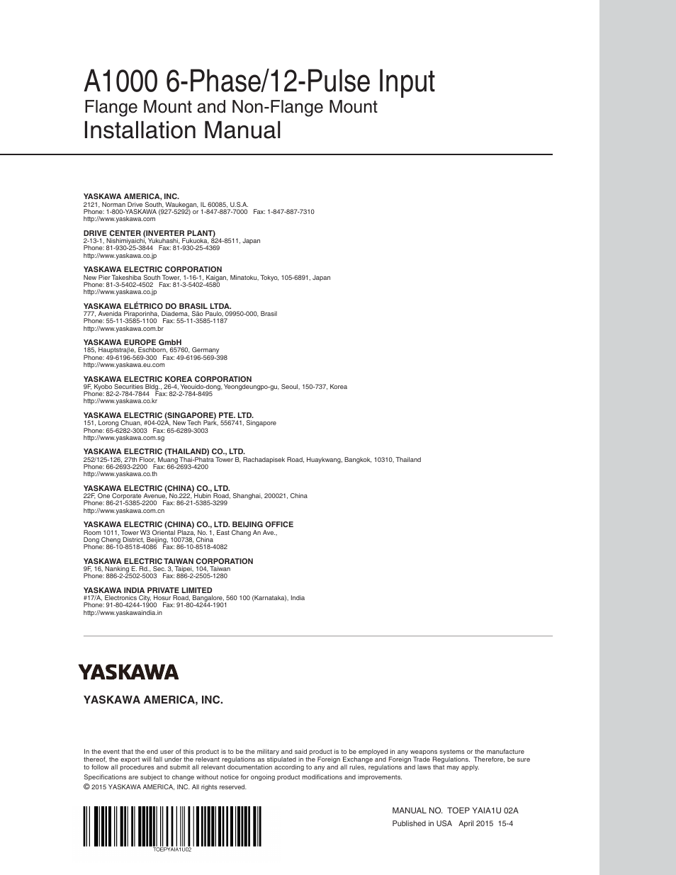 Installation manual, Flange mount and non-flange mount, Yaskawa america, inc | Yaskawa A1000 6-Phase/12-Pulse Input User Manual | Page 92 / 92