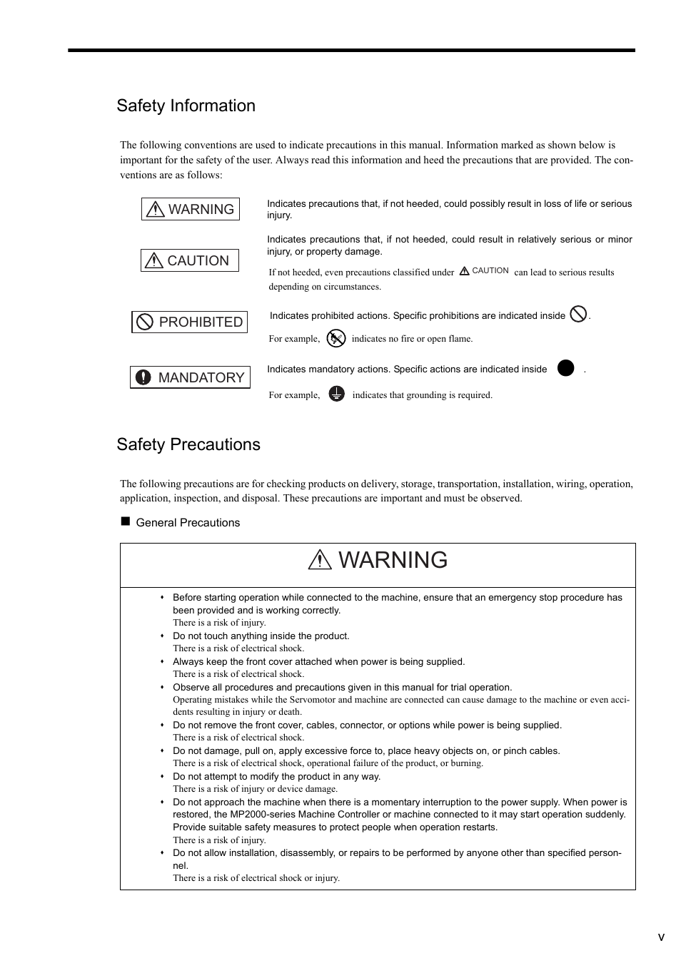 Safety information, Safety precautions, Warning | Warning caution, Prohibited mandatory | Yaskawa JAPMC-CM2304-E User Manual | Page 5 / 97