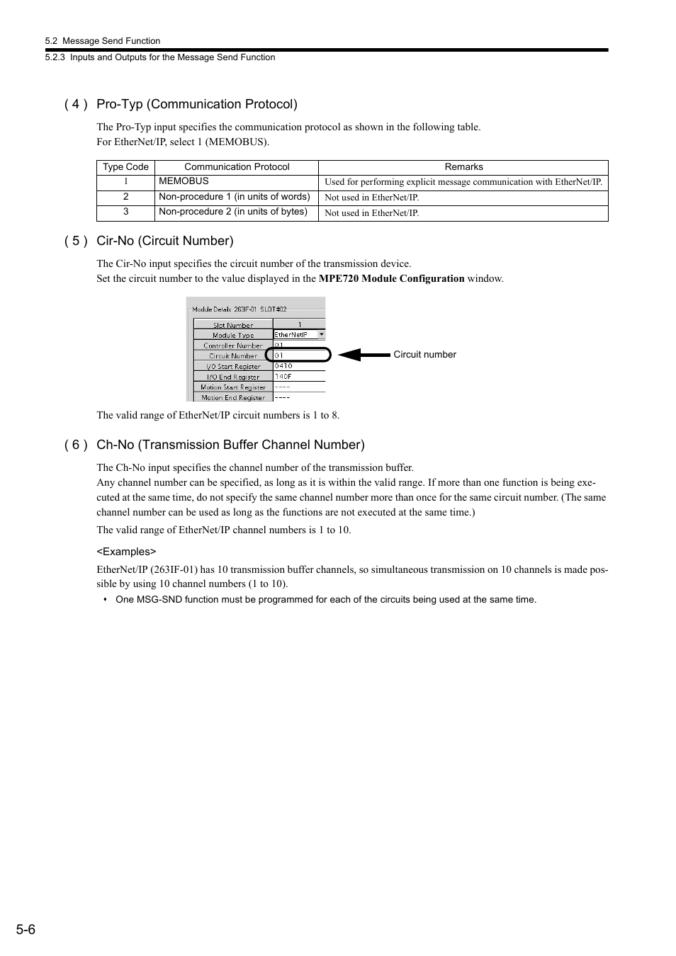 4 ) pro-typ (communication protocol), 5 ) cir-no (circuit number), 6 ) ch-no (transmission buffer channel number) | Yaskawa JAPMC-CM2304-E User Manual | Page 68 / 97
