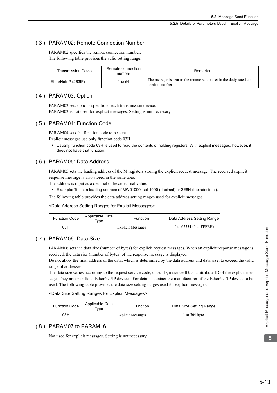 3 ) param02: remote connection number, 4 ) param03: option, 5 ) param04: function code | 6 ) param05: data address, 7 ) param06: data size | Yaskawa JAPMC-CM2304-E User Manual | Page 75 / 97