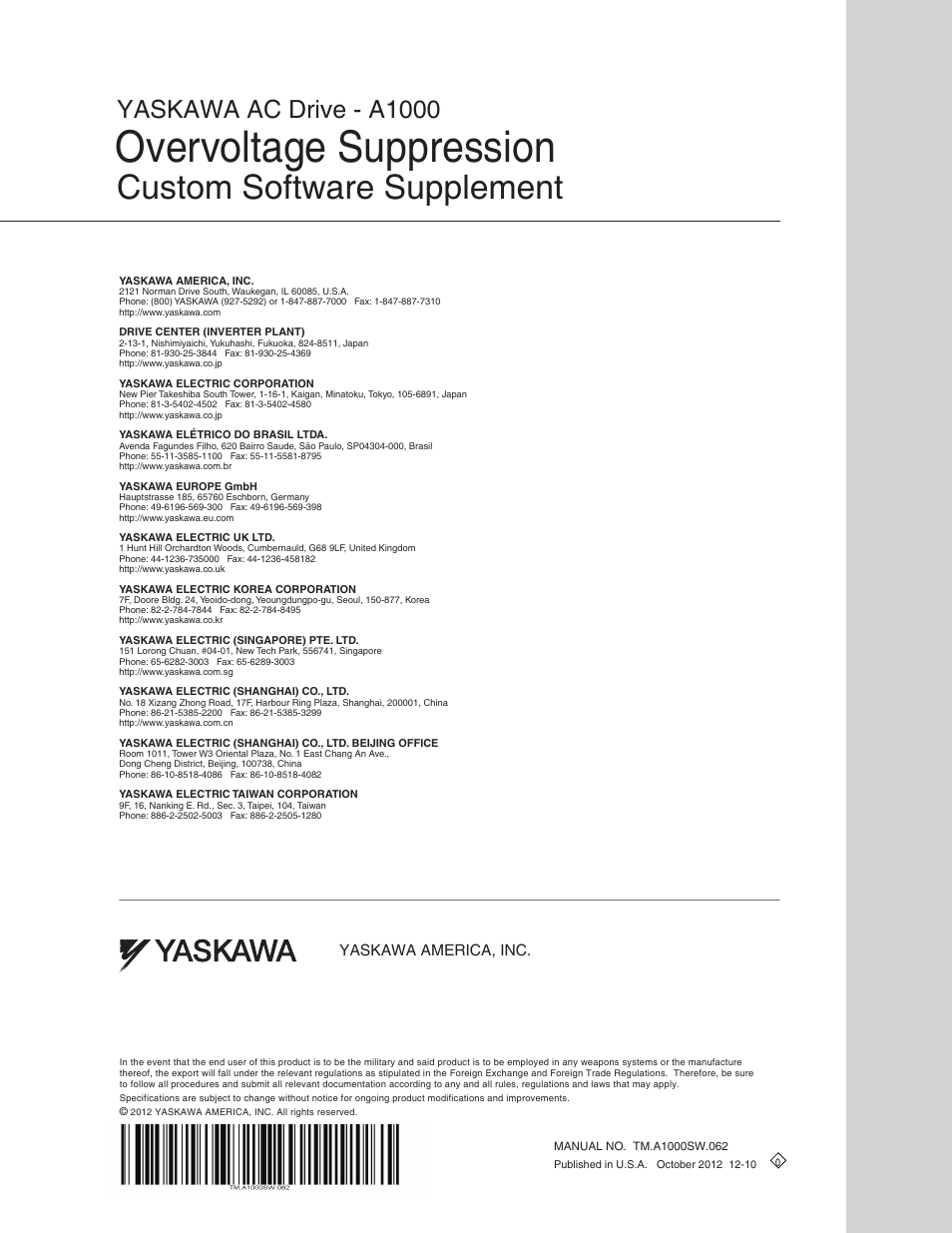 Overvoltage suppression, Custom software supplement, Yaskawa ac drive - a1000 | Yaskawa america, inc | Yaskawa A1000 AC Drive User Manual | Page 16 / 16