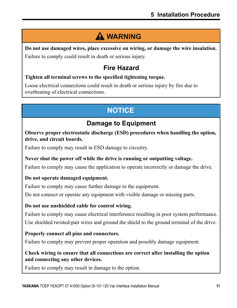Notice, W arning, Fire hazard | Damage to equipment | Yaskawa 120 Vac Digital Input User Manual | Page 11 / 24