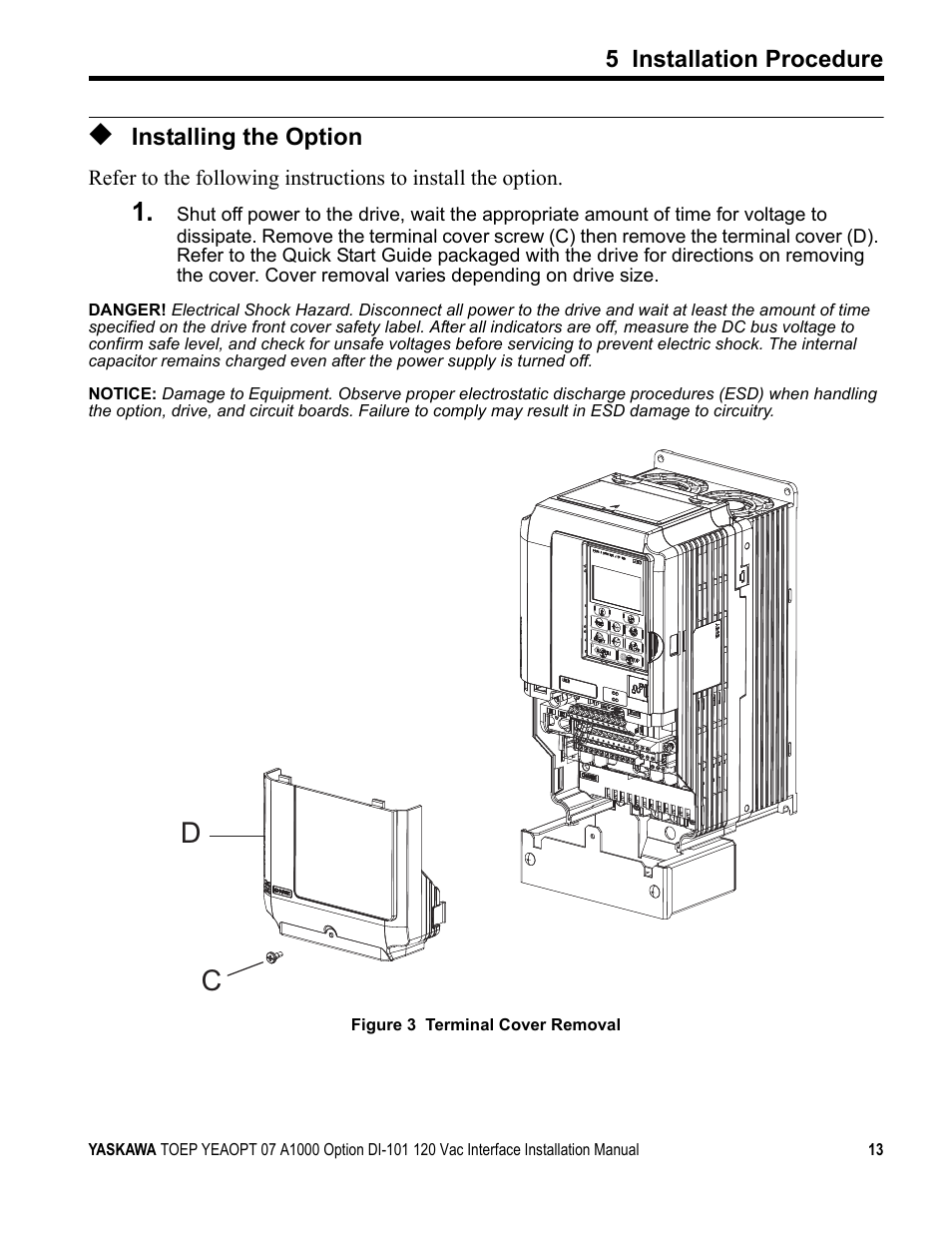 Installing the option, 5 installation procedure | Yaskawa 120 Vac Digital Input User Manual | Page 13 / 24