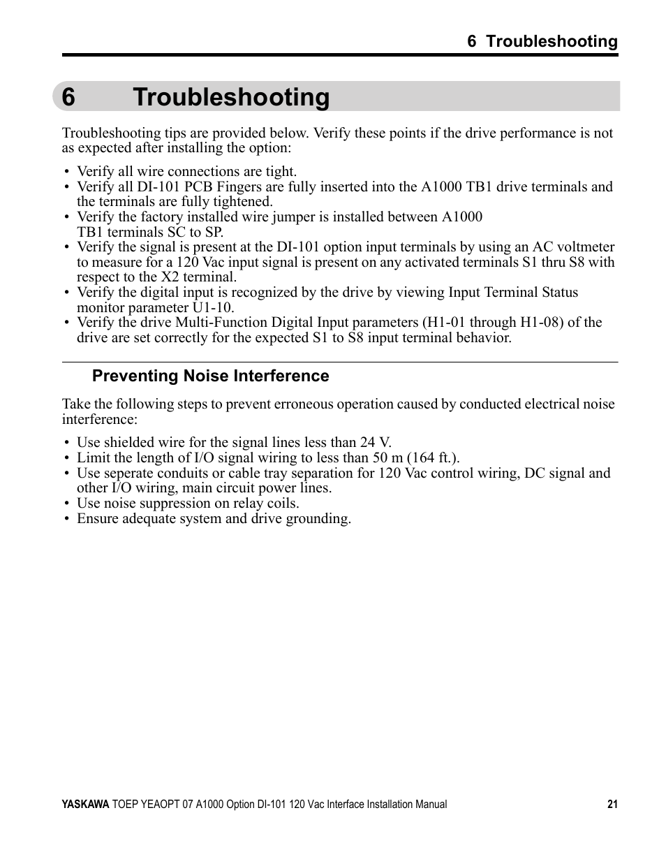 6 troubleshooting, Preventing noise interference, 6troubleshooting | Yaskawa 120 Vac Digital Input User Manual | Page 21 / 24