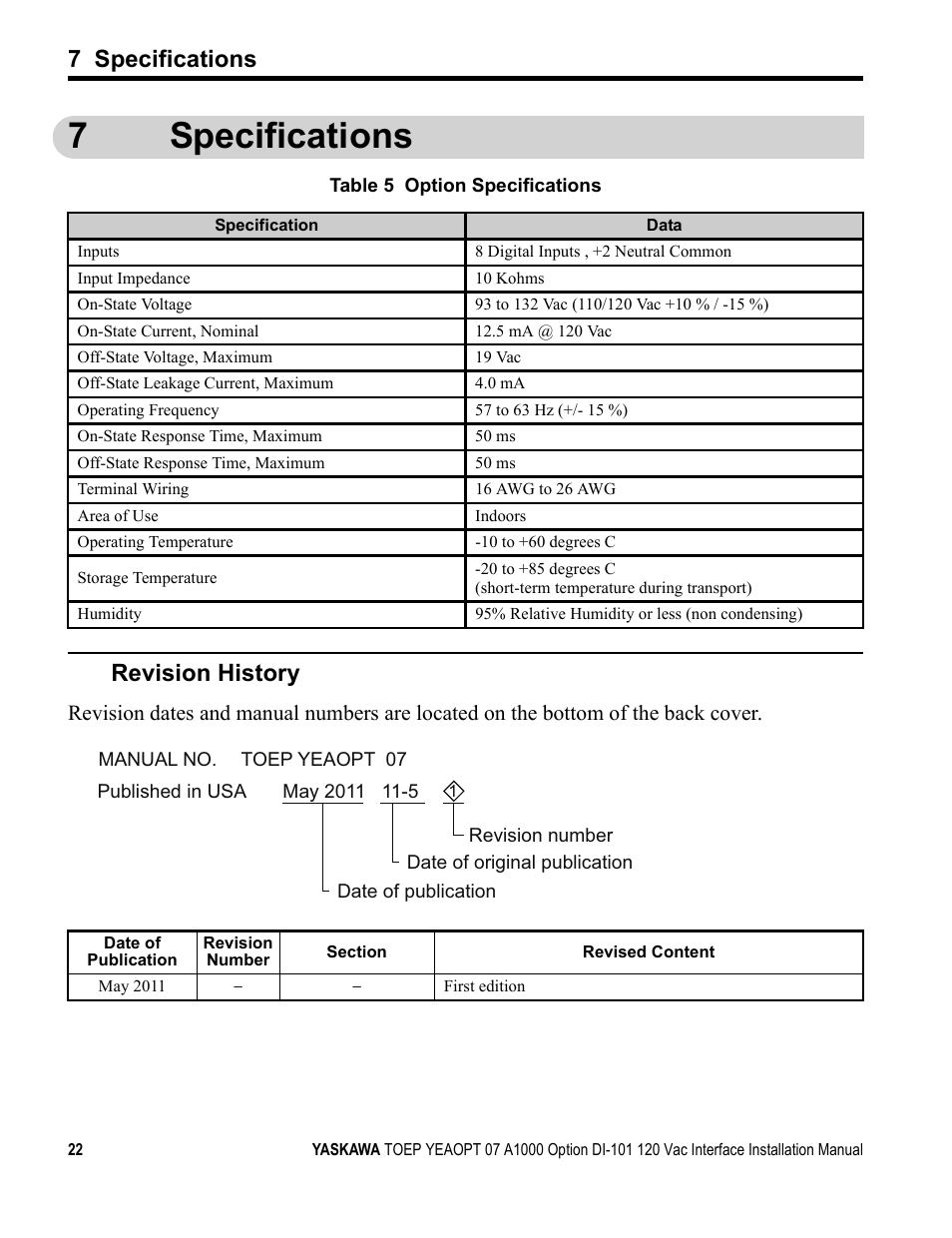 7 specifications, Revision history, 7specifications | Yaskawa 120 Vac Digital Input User Manual | Page 22 / 24