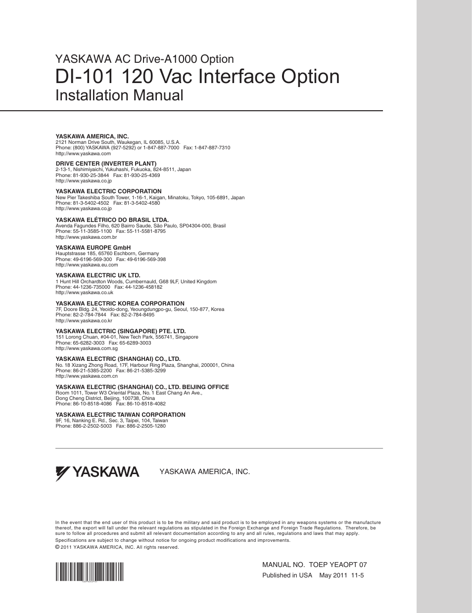 Installation manual, Yaskawa ac drive-a1000 option | Yaskawa 120 Vac Digital Input User Manual | Page 24 / 24