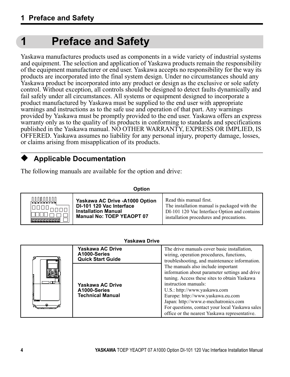 1 preface and safety, Applicable documentation, 1preface and safety | Yaskawa 120 Vac Digital Input User Manual | Page 4 / 24