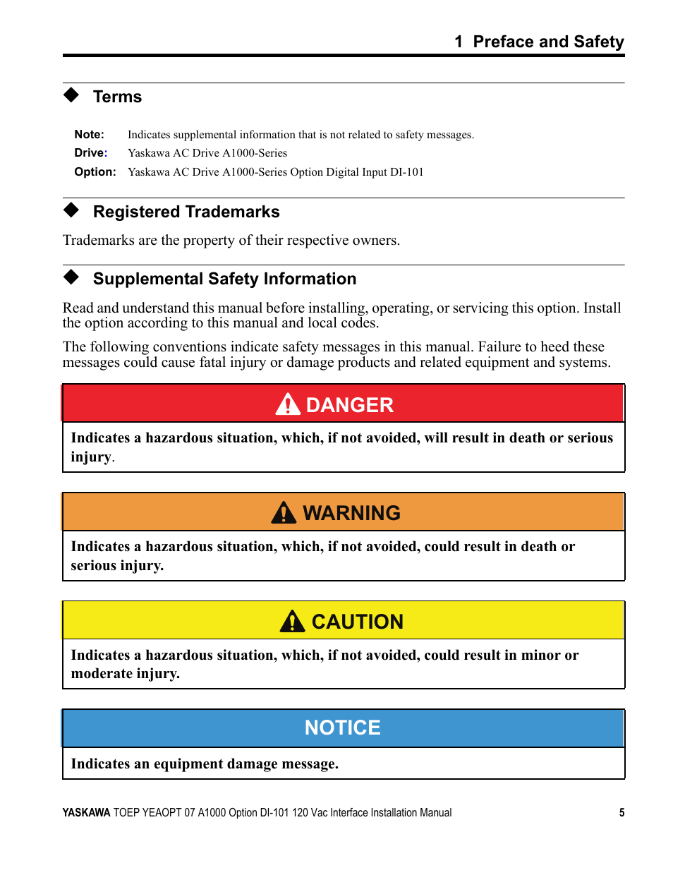 Terms, Registered trademarks, Supplemental safety information | Danger, W arning, Caution, Notice | Yaskawa 120 Vac Digital Input User Manual | Page 5 / 24
