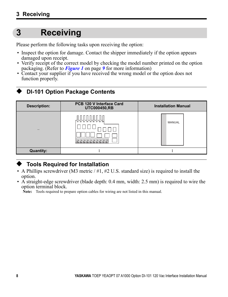 3 receiving, Di-101 option package contents, Tools required for installation | 3receiving | Yaskawa 120 Vac Digital Input User Manual | Page 8 / 24
