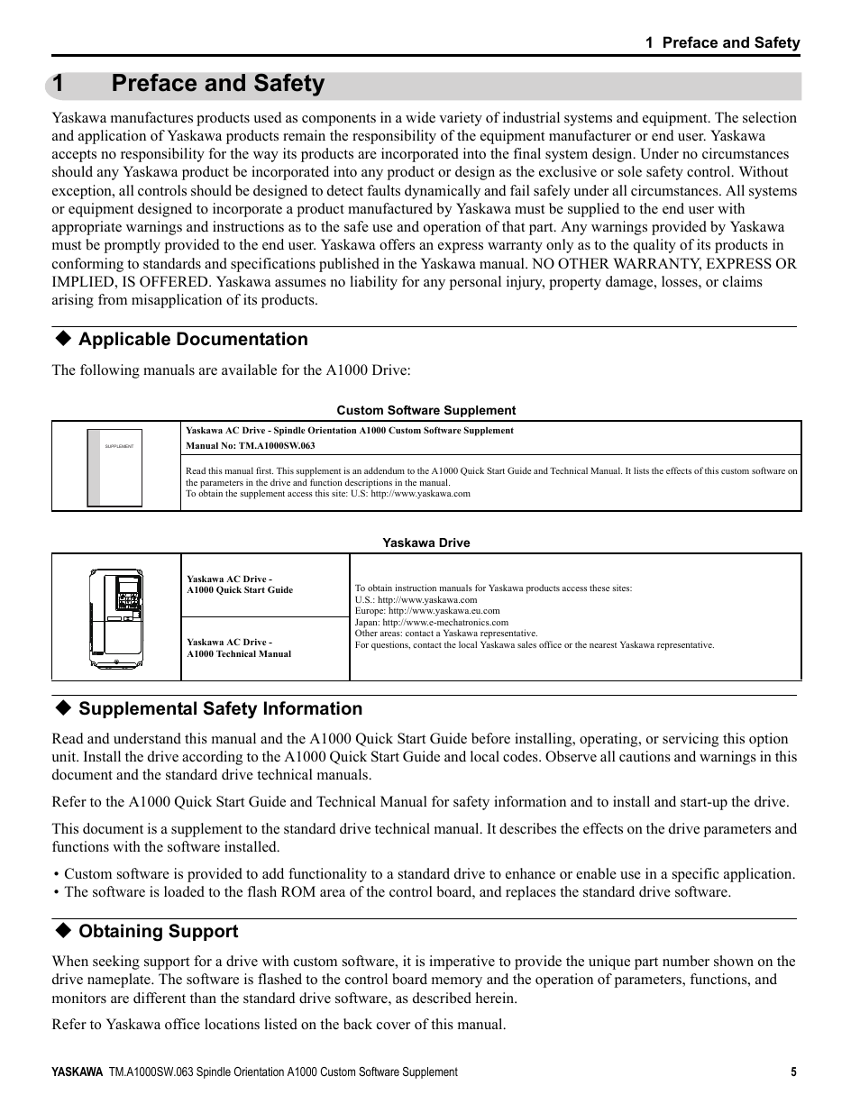 1 preface and safety, Applicable documentation, Supplemental safety information | Obtaining support, Preface and safety, 1preface and safety | Yaskawa A1000 AC Drive Spindle Orientation User Manual | Page 5 / 36
