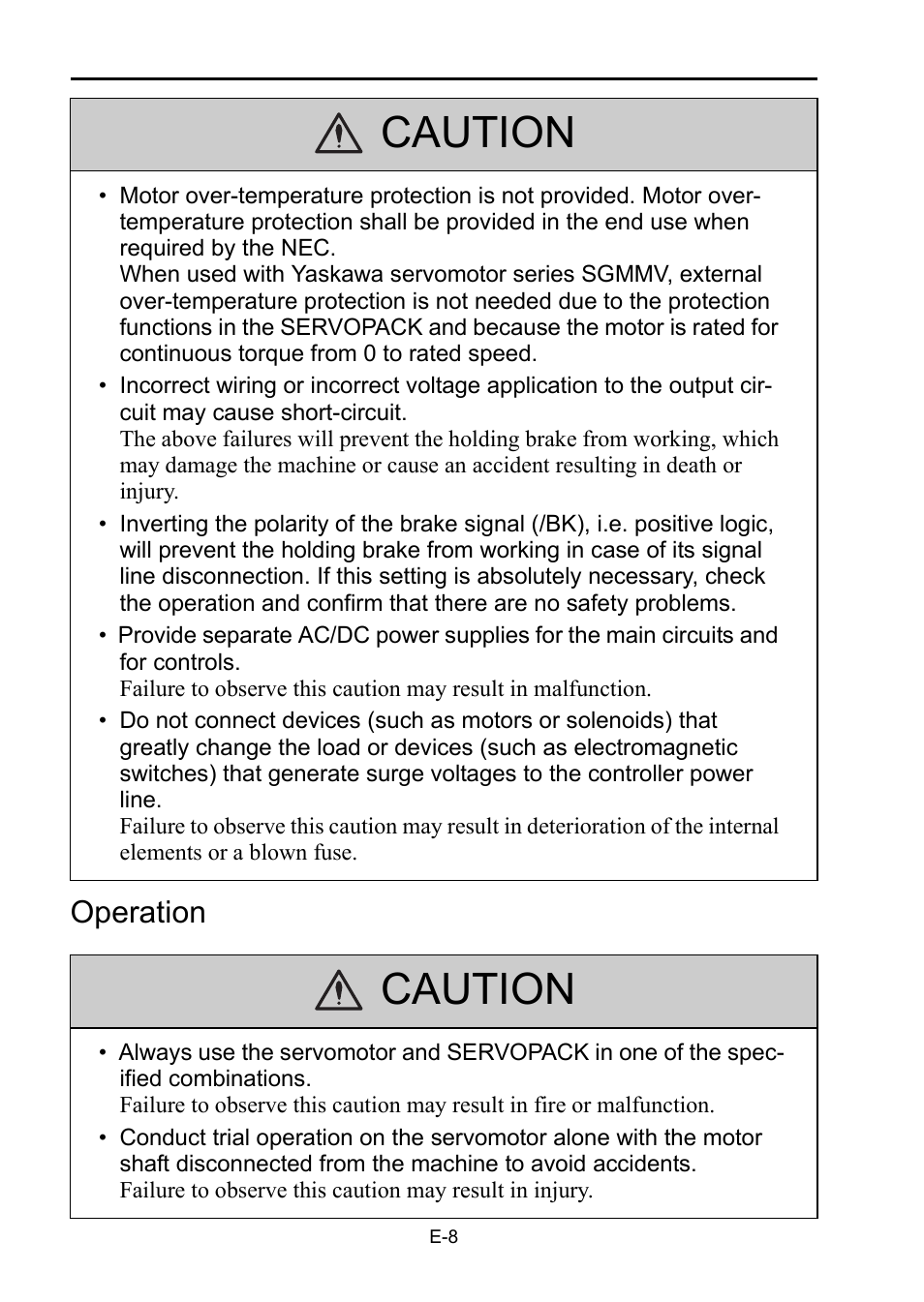 Caution, Operation | Yaskawa DC Power Input Σ-V Series User Manual | Page 10 / 29