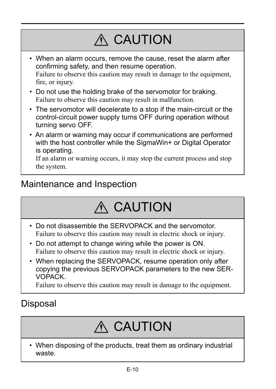 Caution, Maintenance and inspection disposal | Yaskawa DC Power Input Σ-V Series User Manual | Page 12 / 29