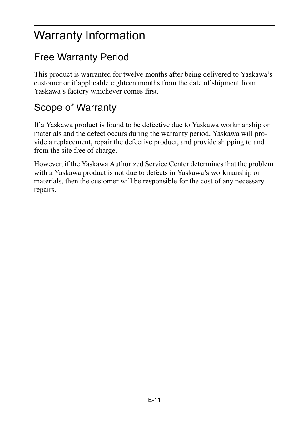 Warranty information, Free warranty period, Scope of warranty | Yaskawa DC Power Input Σ-V Series User Manual | Page 13 / 29