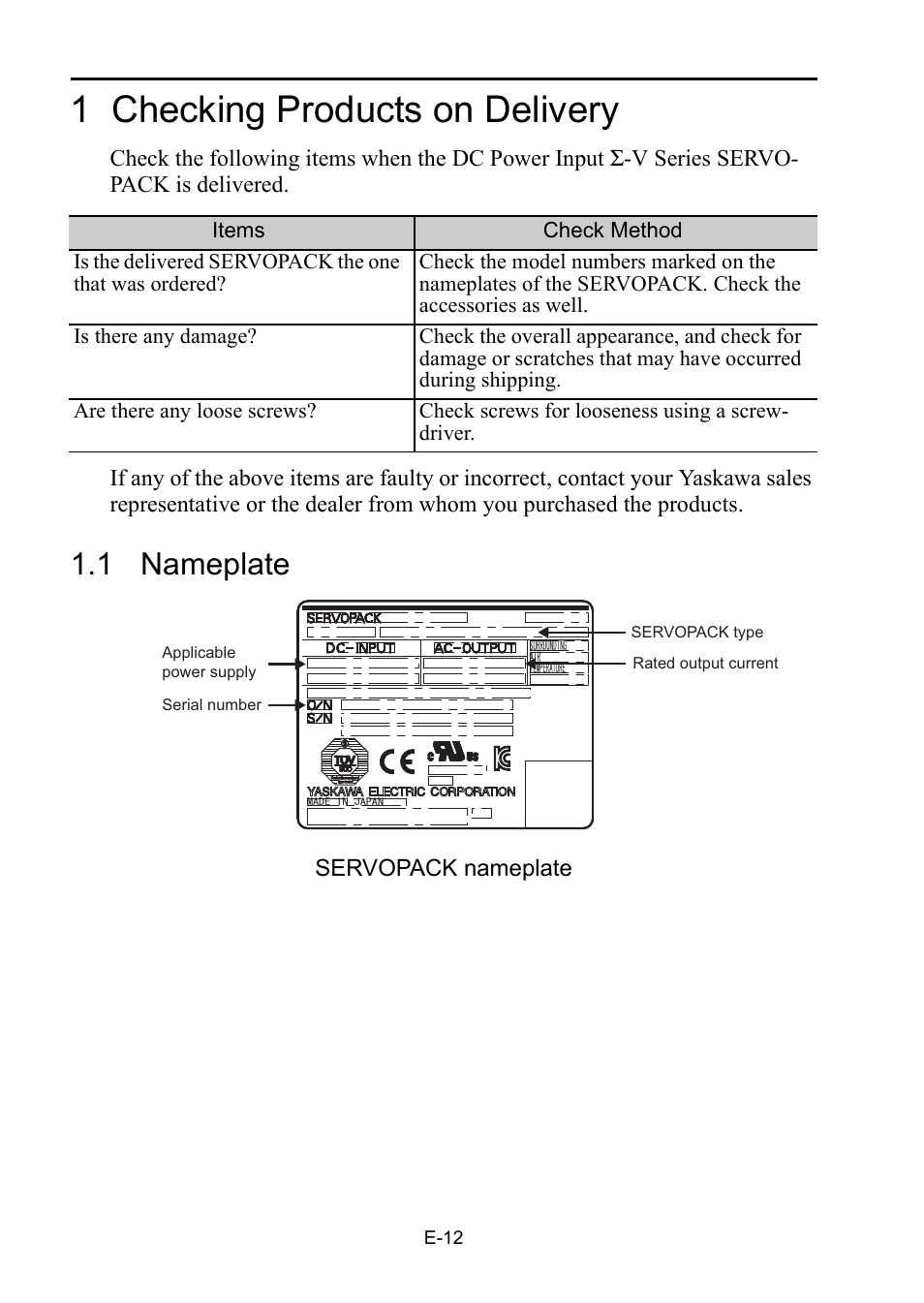 1 checking products on delivery, 1 nameplate | Yaskawa DC Power Input Σ-V Series User Manual | Page 14 / 29