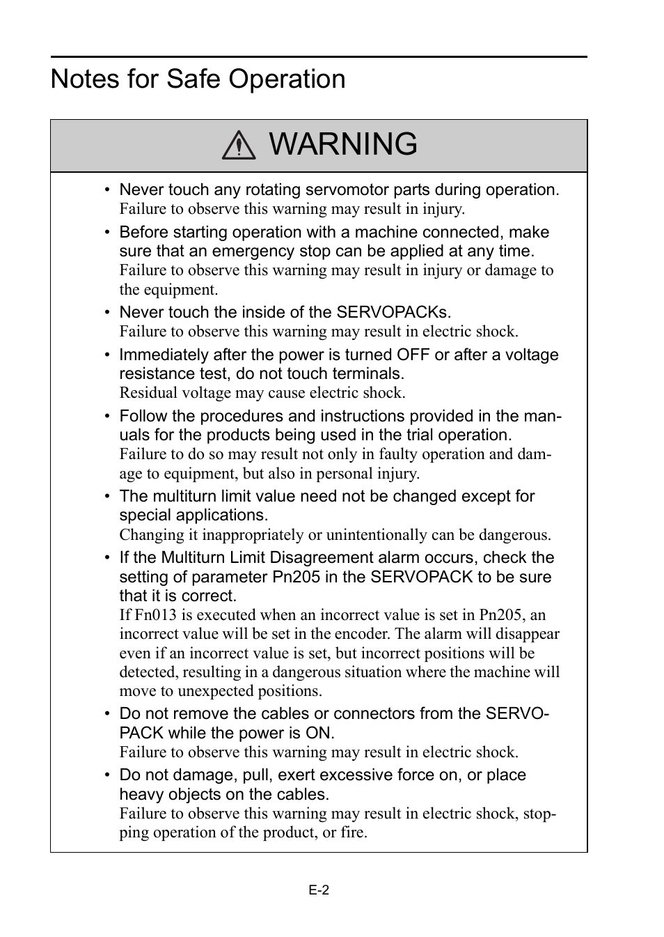 Notes for safe operation, Warning | Yaskawa DC Power Input Σ-V Series User Manual | Page 4 / 29