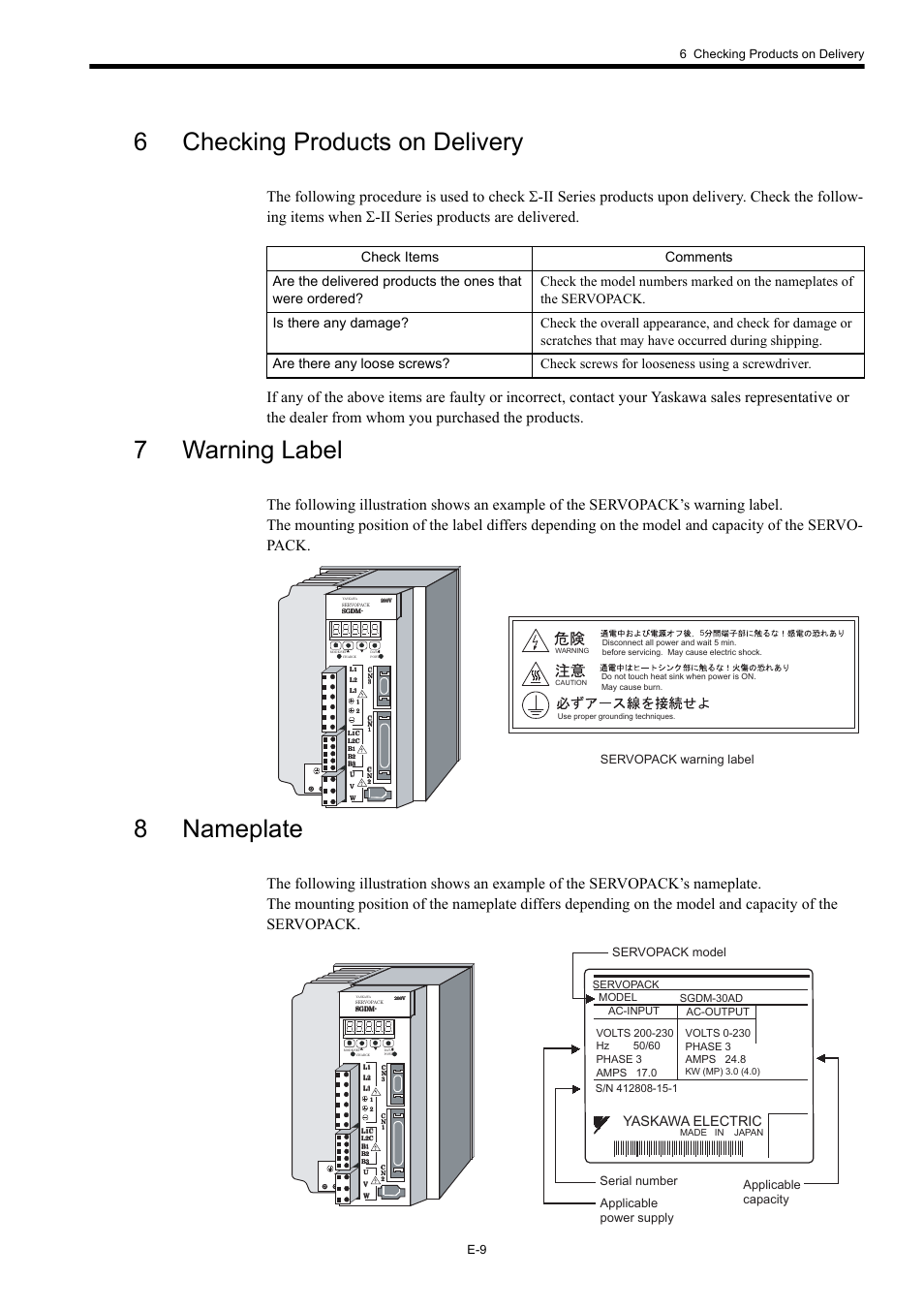 6 checking products on delivery, 7 warning label, 8 nameplate | 6checking products on delivery, 7warning label, 8nameplate, Yaskawa electric, 6 checking products on delivery e-9, Servopack warning label, Sgdm-30ad ac-output ac-input servopack | Yaskawa Σ-II Series User Manual | Page 11 / 37