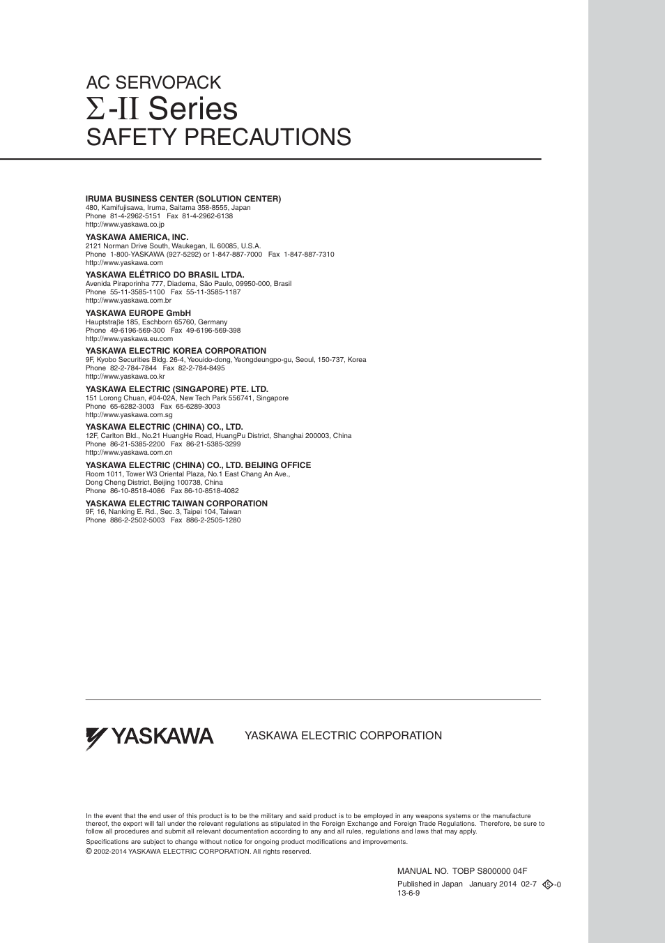 Back cover, Series, Safety precautions | Ac servopack | Yaskawa Σ-II Series User Manual | Page 36 / 37