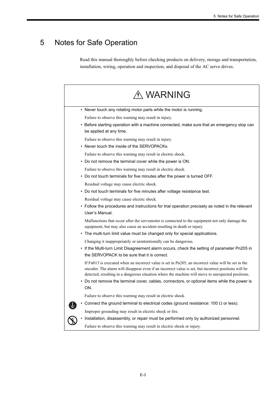 5 notes for safe operation, Warning | Yaskawa Σ-II Series User Manual | Page 5 / 37