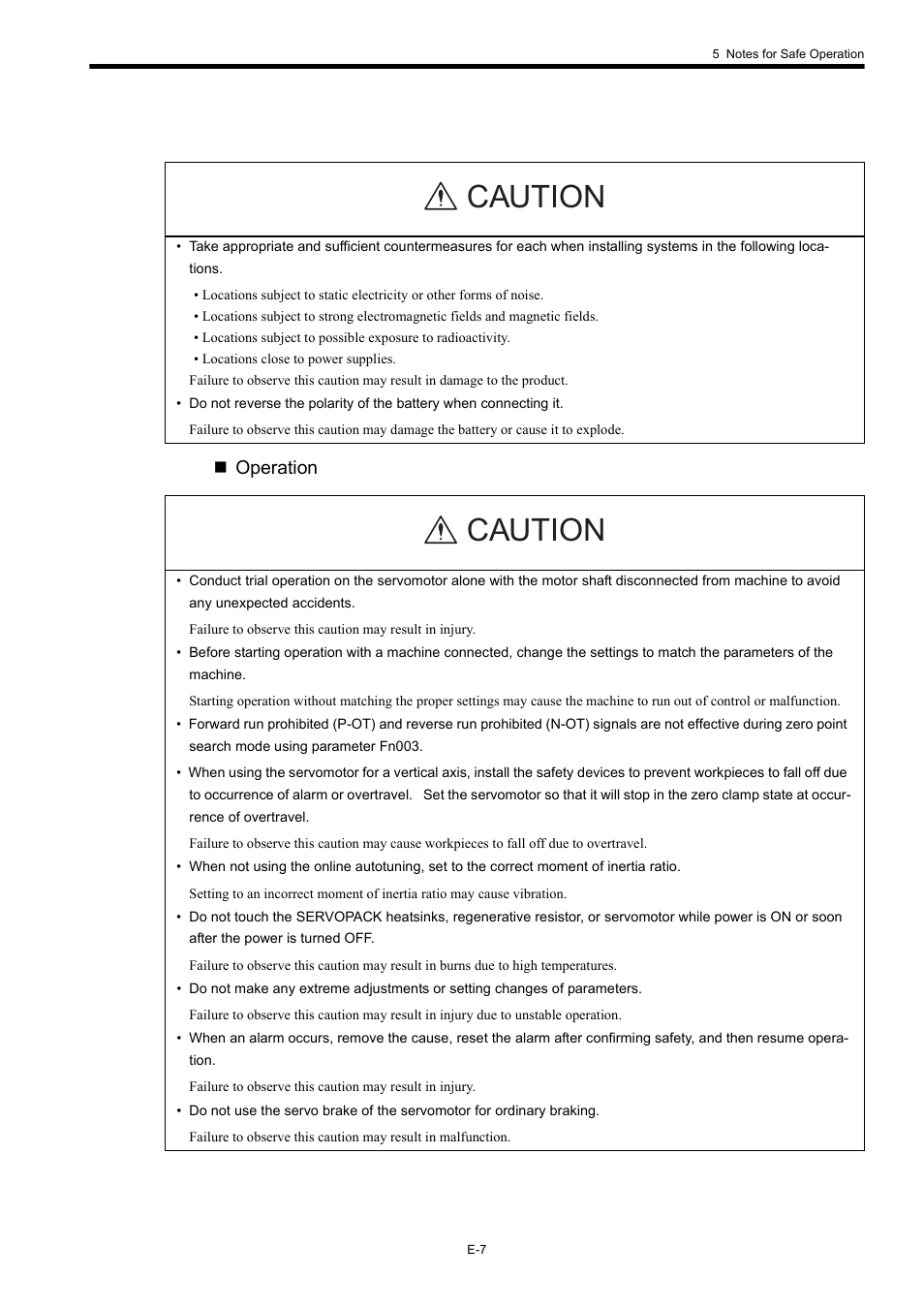 Caution, Operation | Yaskawa Σ-II Series User Manual | Page 9 / 37