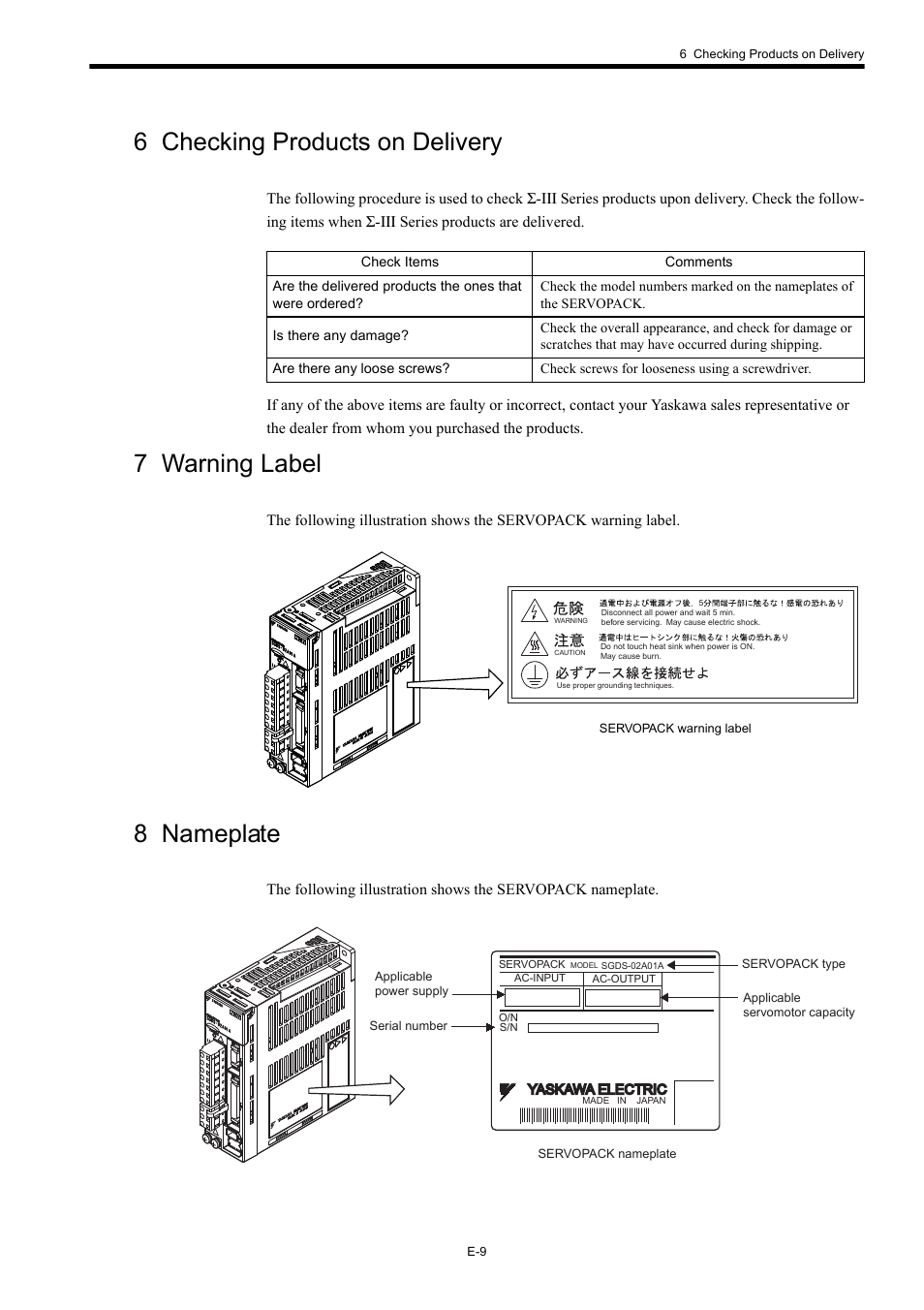 6 checking products on delivery, 7 warning label, 8 nameplate | Yaskawa Σ-III Series User Manual | Page 11 / 37