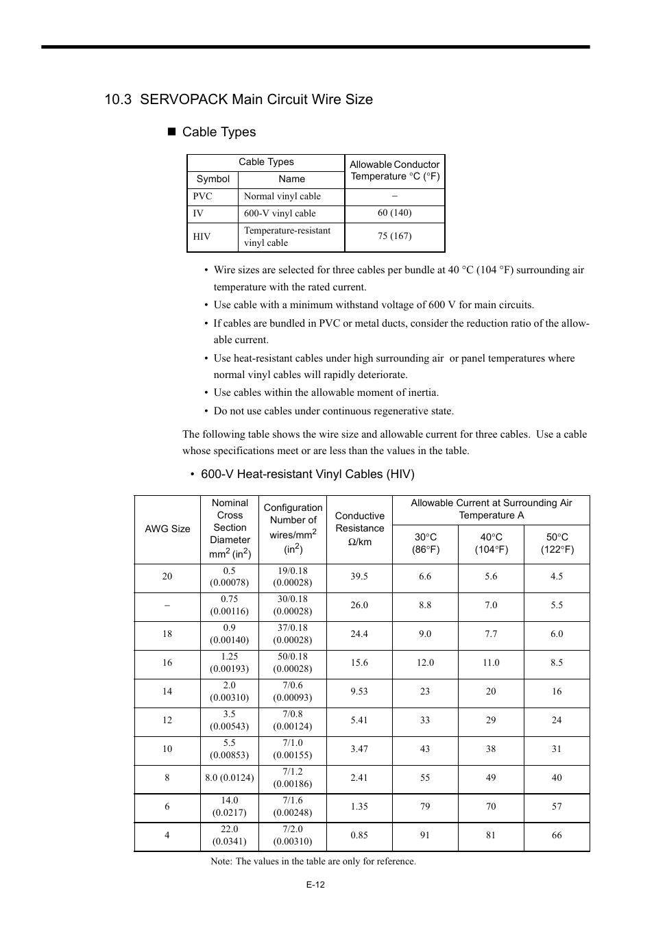 3 servopack main circuit wire size, Cable types | Yaskawa Σ-III Series User Manual | Page 14 / 37