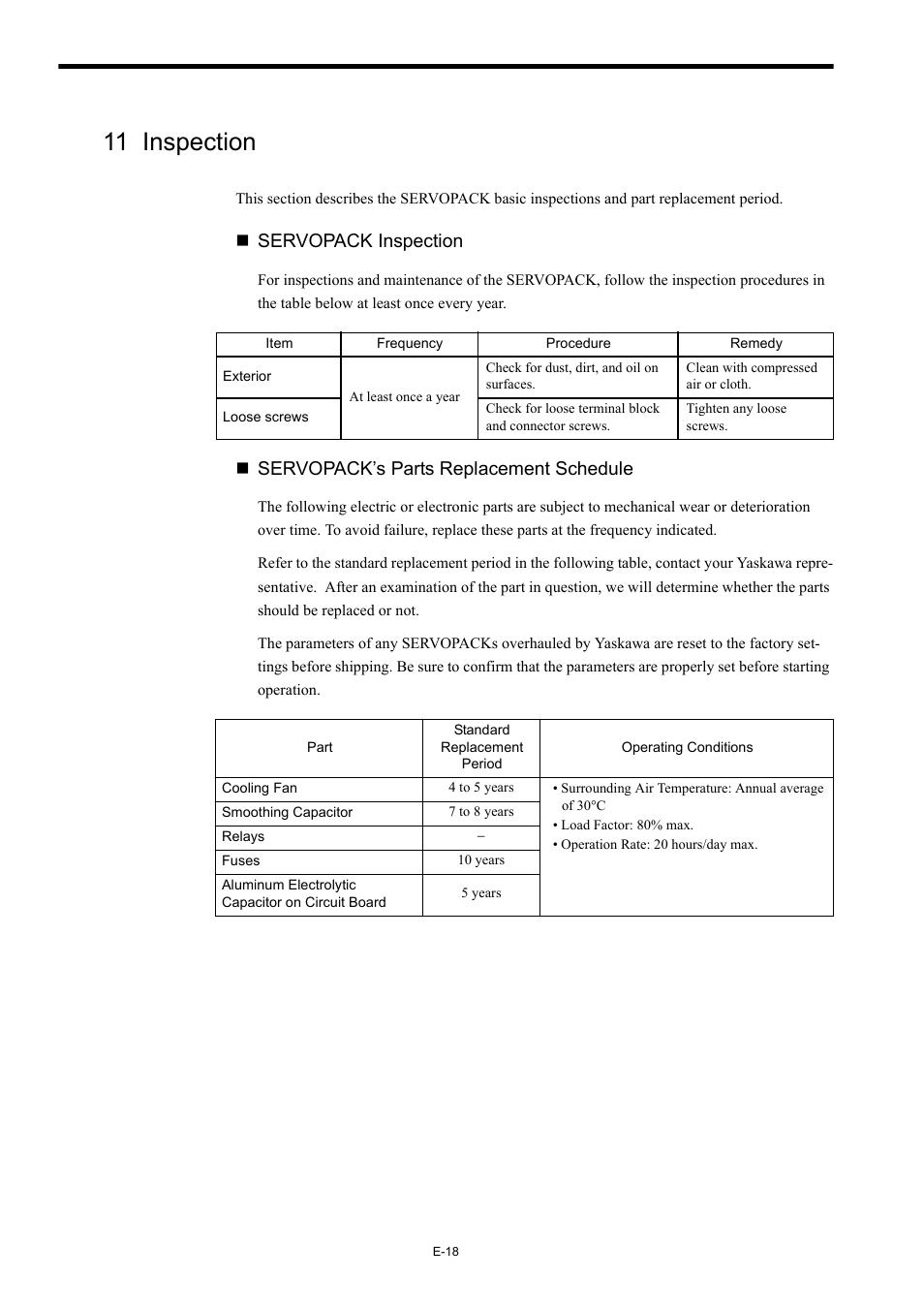 11 inspection, Servopack inspection, Servopack’s parts replacement schedule | Yaskawa Σ-III Series User Manual | Page 20 / 37