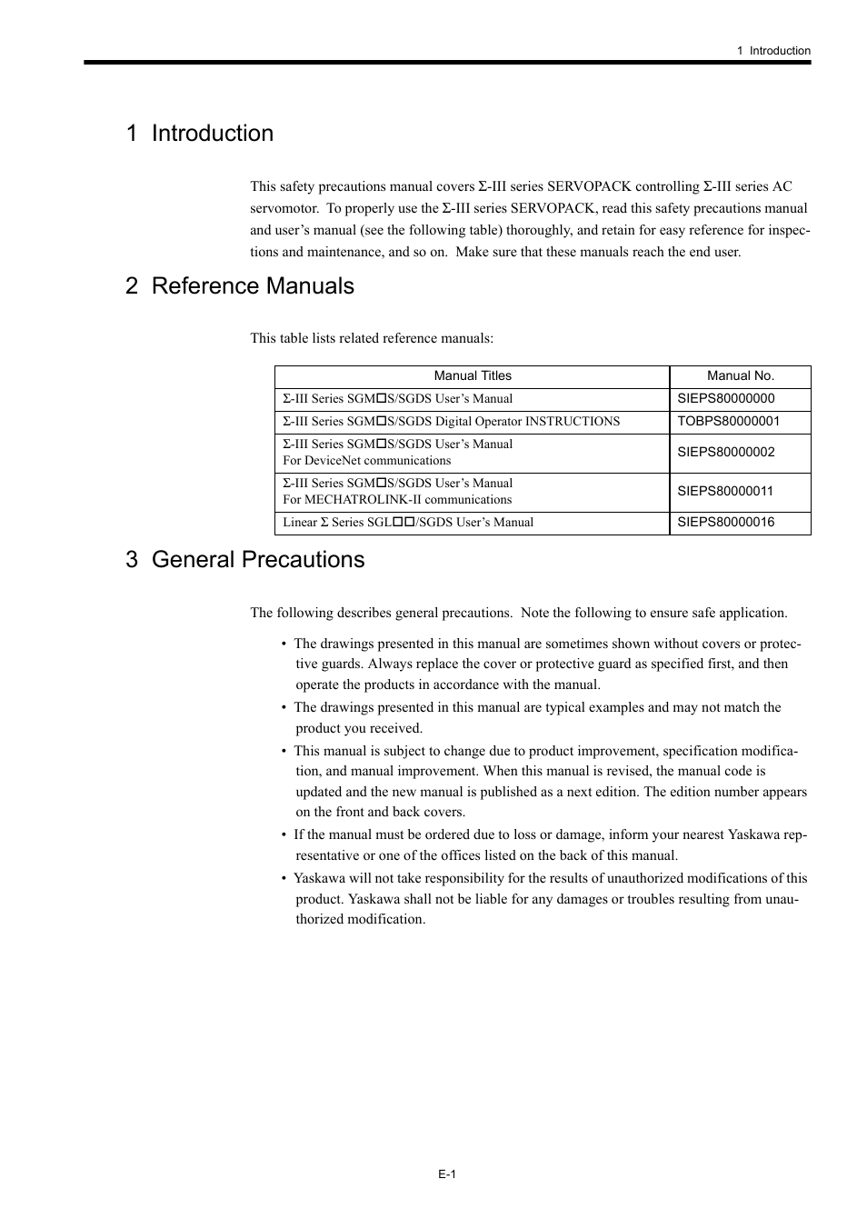 1 introduction, 2 reference manuals, 3 general precautions | Yaskawa Σ-III Series User Manual | Page 3 / 37