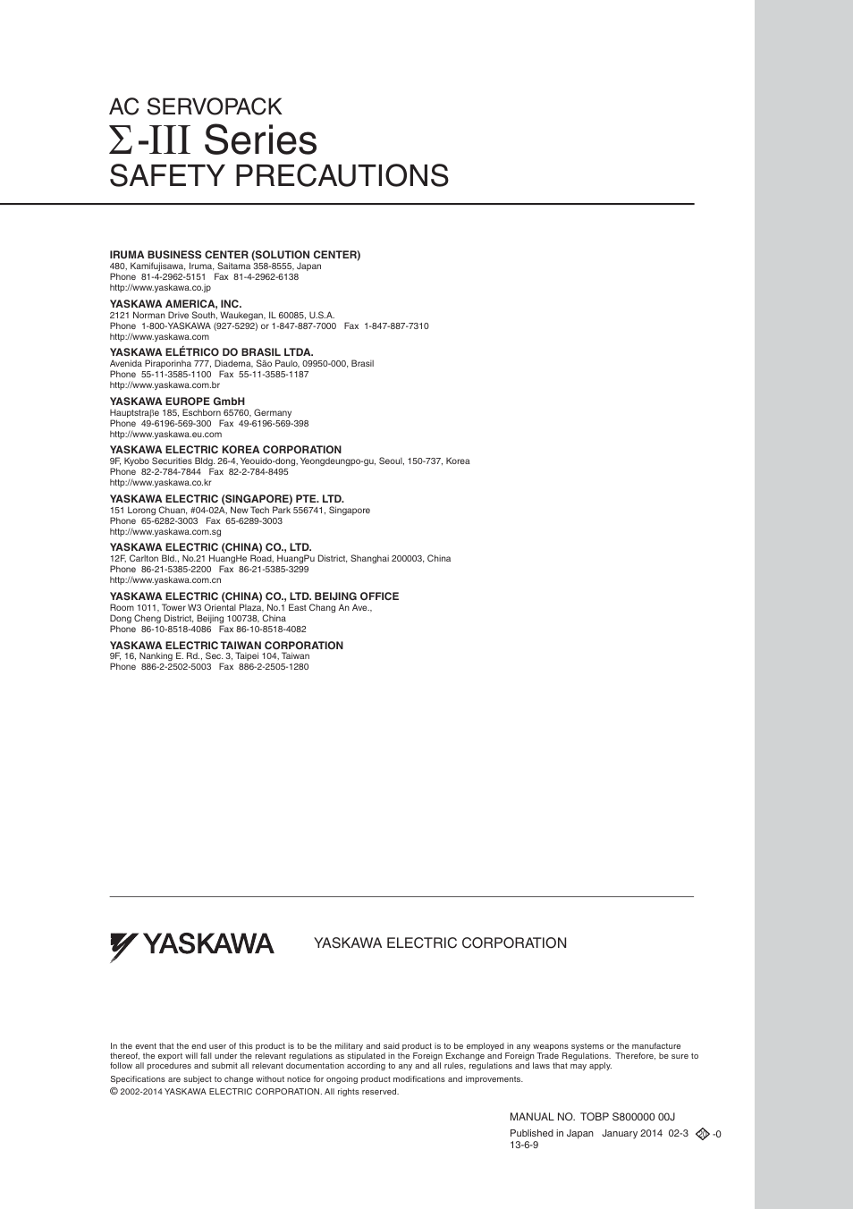 Back cover, Series, Safety precautions | Ac servopack | Yaskawa Σ-III Series User Manual | Page 36 / 37