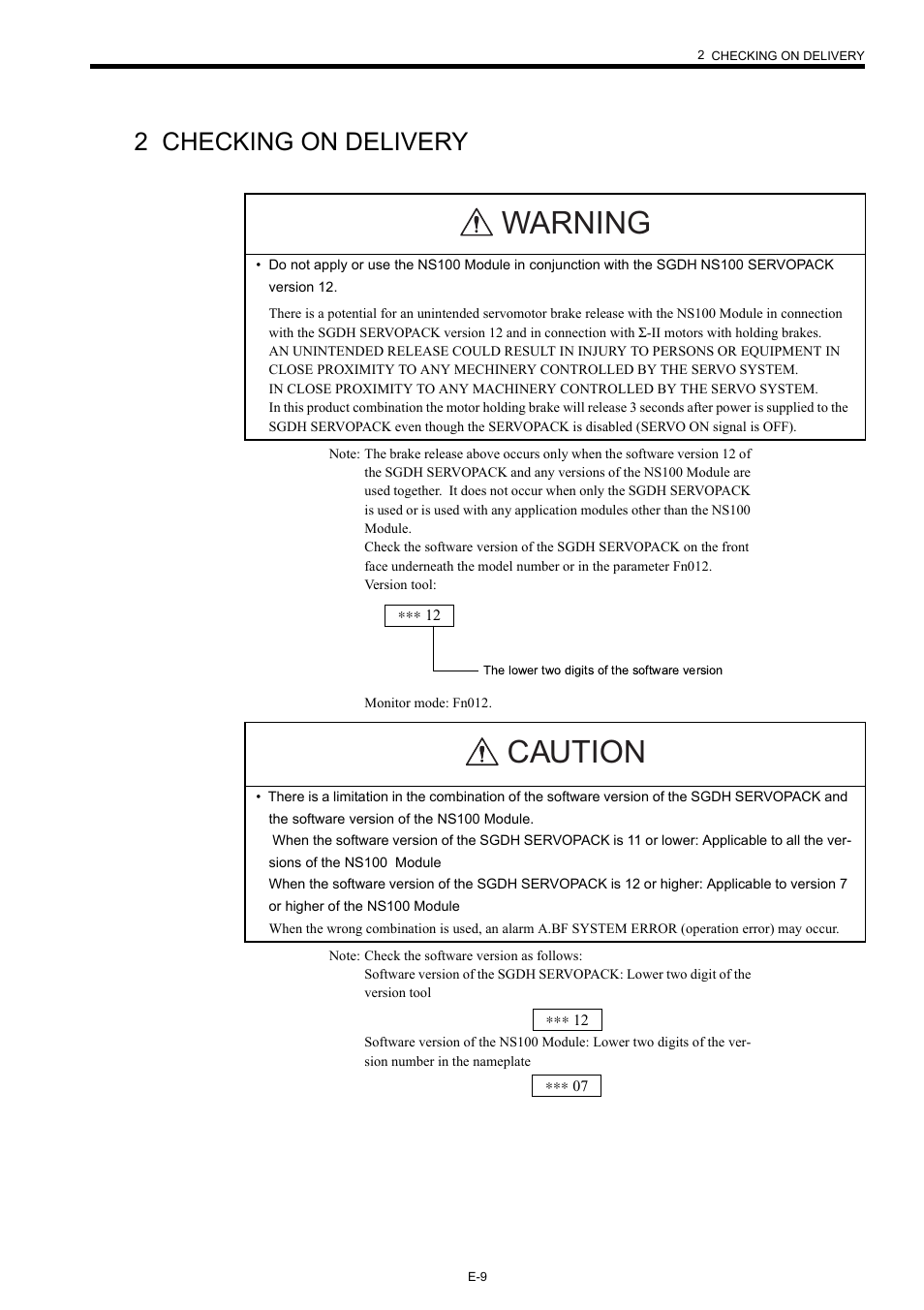 2 checking on delivery, Warning, Caution | Yaskawa Σ-II Series User Manual | Page 13 / 31