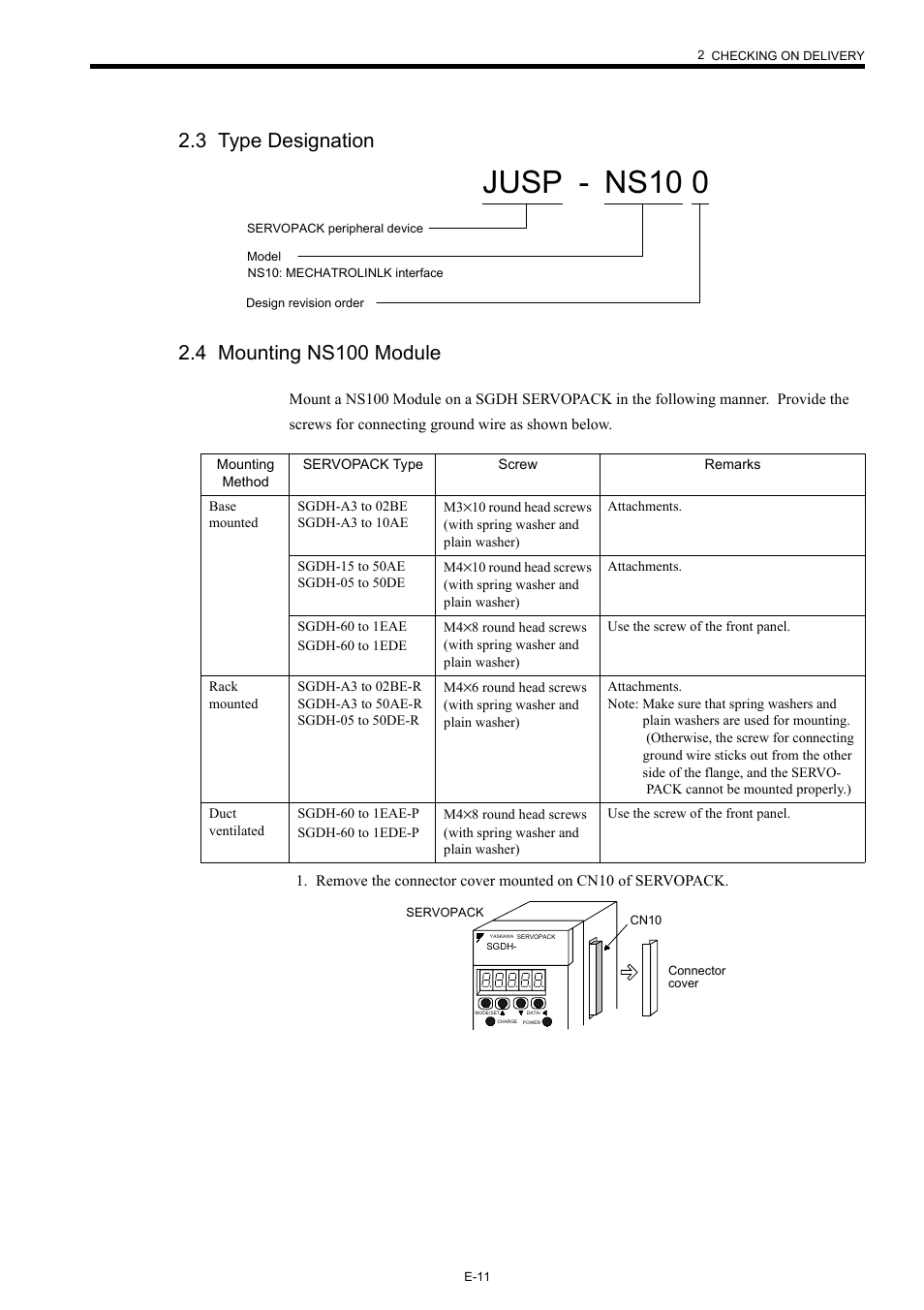 3 type designation, 4 mounting ns100 module, Jusp - ns10 0 | Yaskawa Σ-II Series User Manual | Page 15 / 31