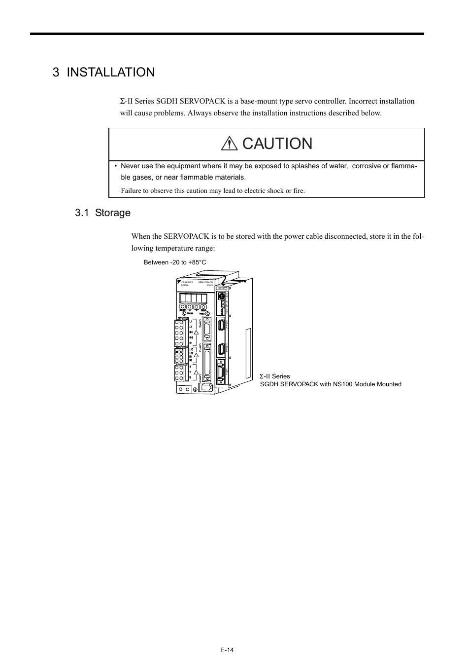 3 installation, 1 storage, Caution | E-14 | Yaskawa Σ-II Series User Manual | Page 18 / 31