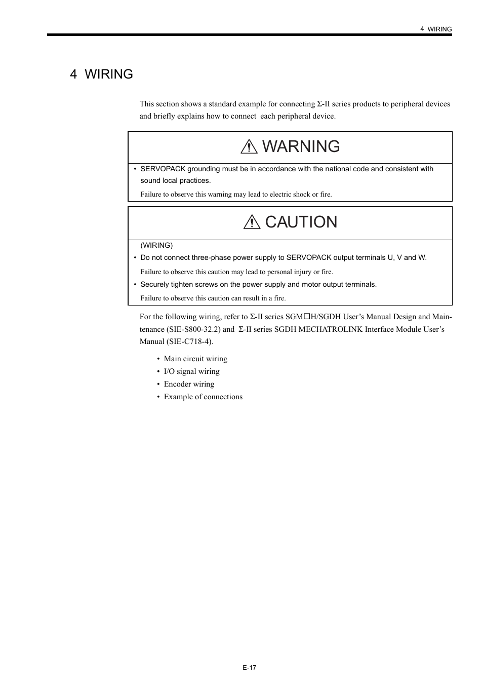 4 wiring, Warning caution | Yaskawa Σ-II Series User Manual | Page 21 / 31