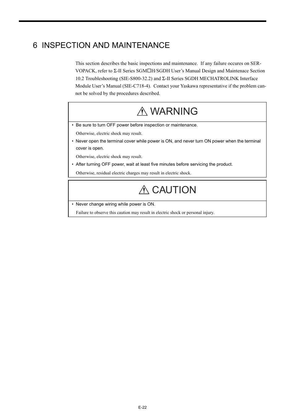 6 inspection and maintenance, Warning caution | Yaskawa Σ-II Series User Manual | Page 26 / 31