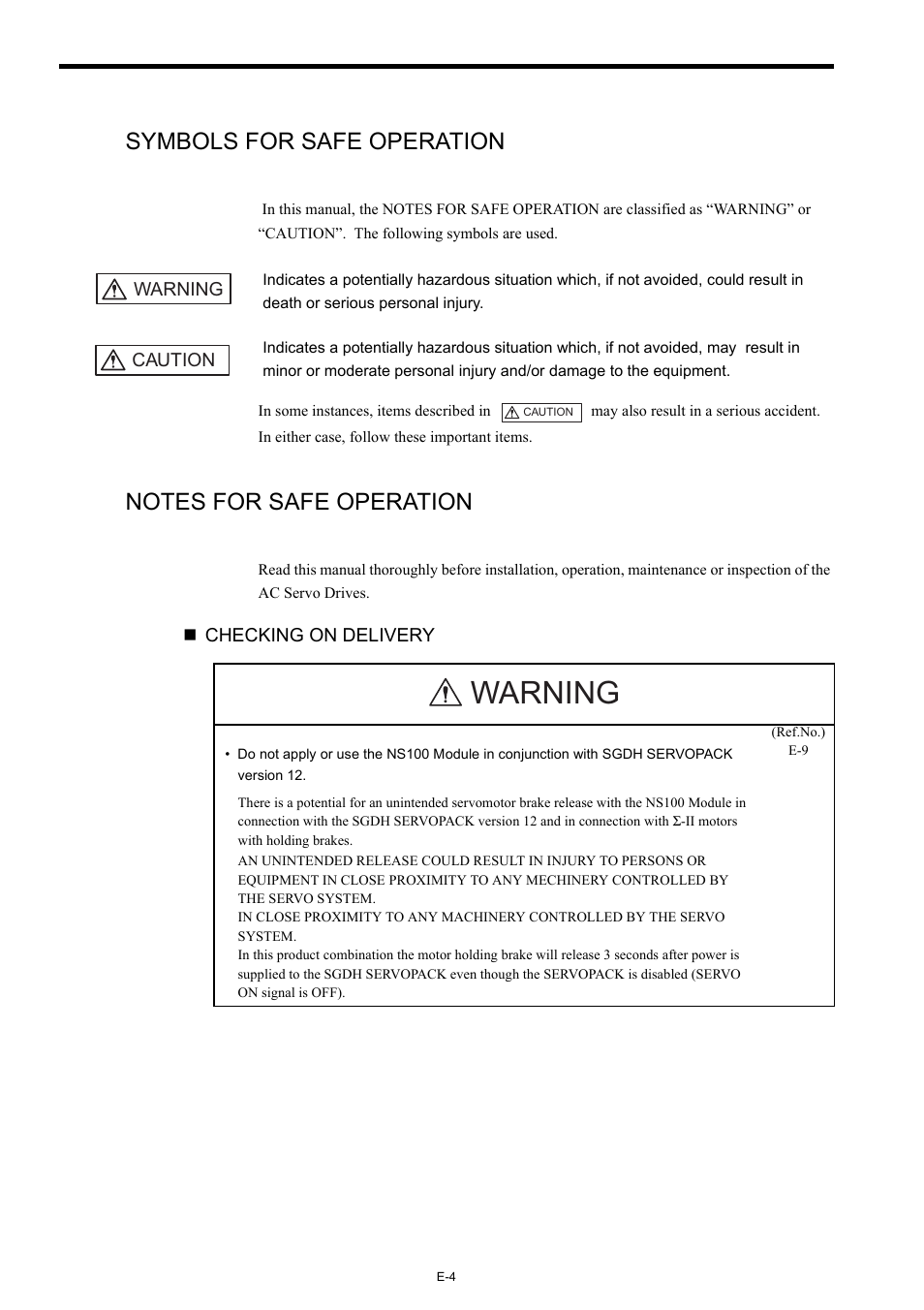 Symbols for safe operation, Notes for safe operation, Warning | Yaskawa Σ-II Series User Manual | Page 8 / 31