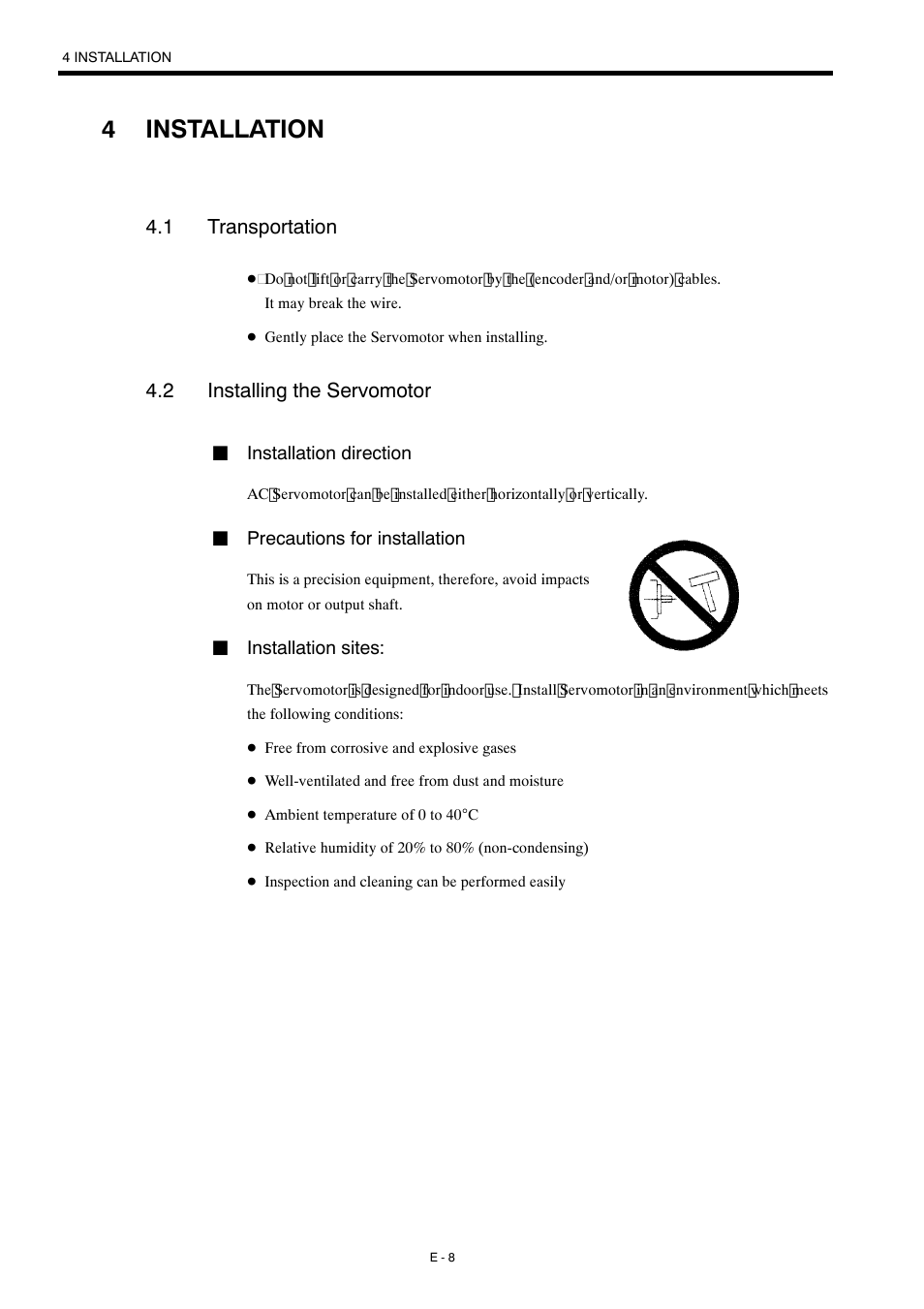 4 installation, 1 transportation, 2 installing the servomotor | 4installation | Yaskawa Σ-mini Series User Manual | Page 12 / 26