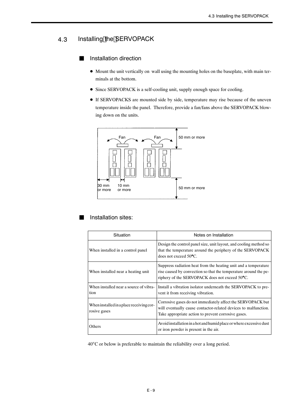3 installing the servopack, Installing the servopack, Jinstallation direction | Jinstallation sites | Yaskawa Σ-mini Series User Manual | Page 13 / 26