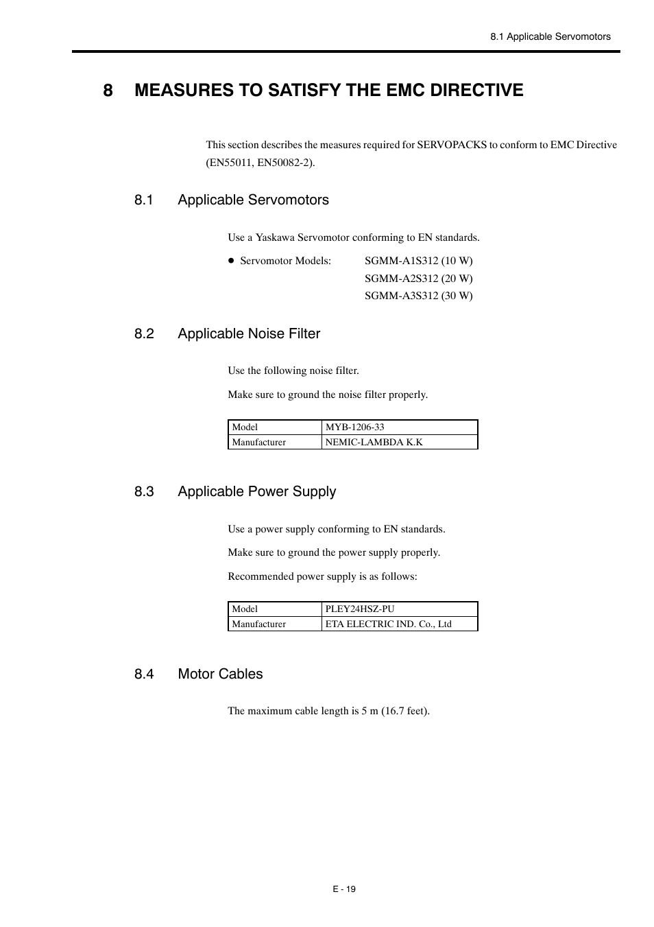 8 measures to satisfy the emc directive, 1 applicable servomotors, 2 applicable noise filter | 3 applicable power supply, 4 motor cables, 8measures to satisfy the emc directive | Yaskawa Σ-mini Series User Manual | Page 23 / 26