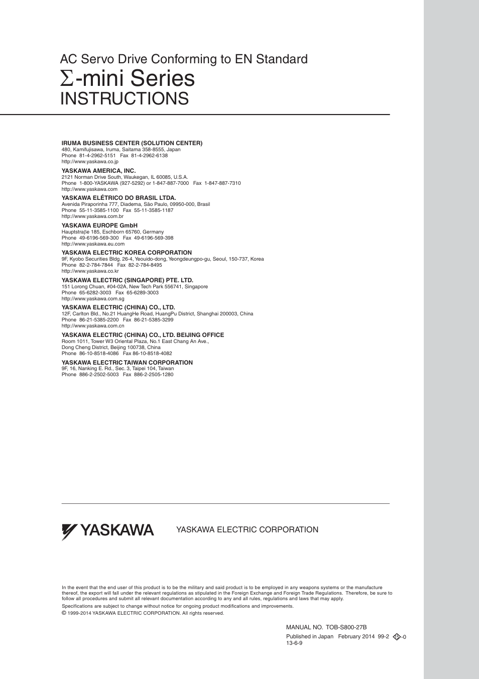Back cover, Mini series, Instructions | Ac servo drive conforming to en standard | Yaskawa Σ-mini Series User Manual | Page 26 / 26