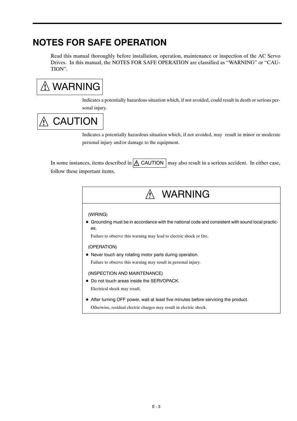 Notes for safe operation, Warning, Warning caution | Yaskawa Σ-mini Series User Manual | Page 7 / 26