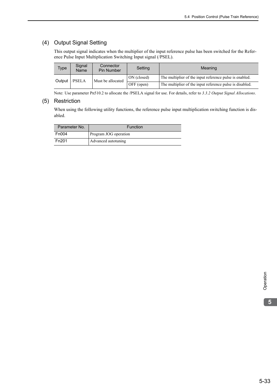 4) output signal setting, 5) restriction | Yaskawa Σ-V Series AC Servo Drives Rotational Motor Analog Voltage Reference User Manual | Page 113 / 320