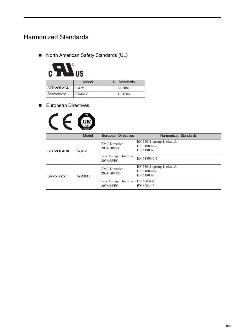 Harmonized standards, Xiii | Yaskawa Σ-V Series AC Servo Drives Rotational Motor Analog Voltage Reference User Manual | Page 13 / 320