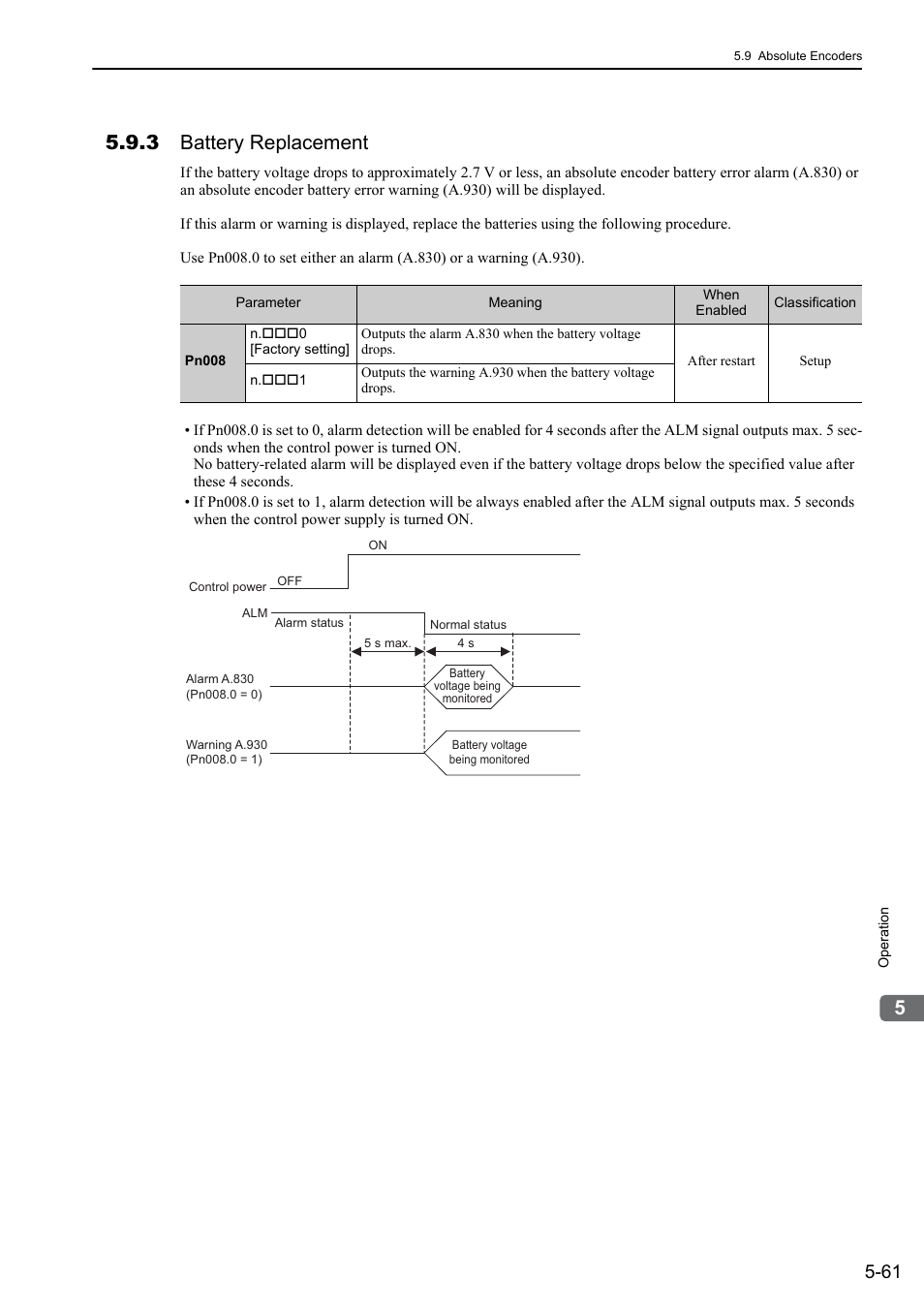 3 battery replacement | Yaskawa Σ-V Series AC Servo Drives Rotational Motor Analog Voltage Reference User Manual | Page 141 / 320