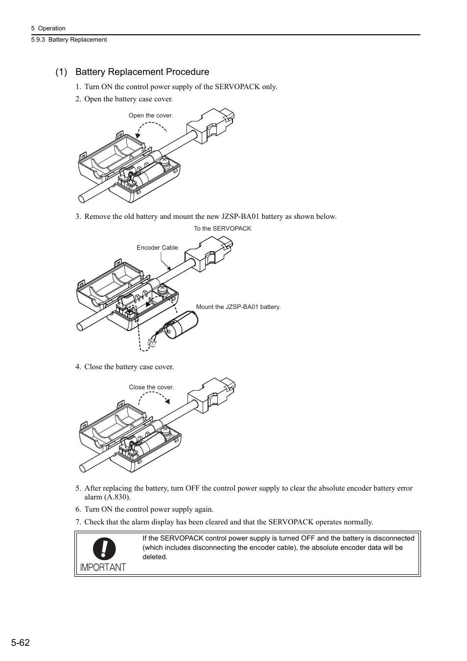 62 (1) battery replacement procedure | Yaskawa Σ-V Series AC Servo Drives Rotational Motor Analog Voltage Reference User Manual | Page 142 / 320
