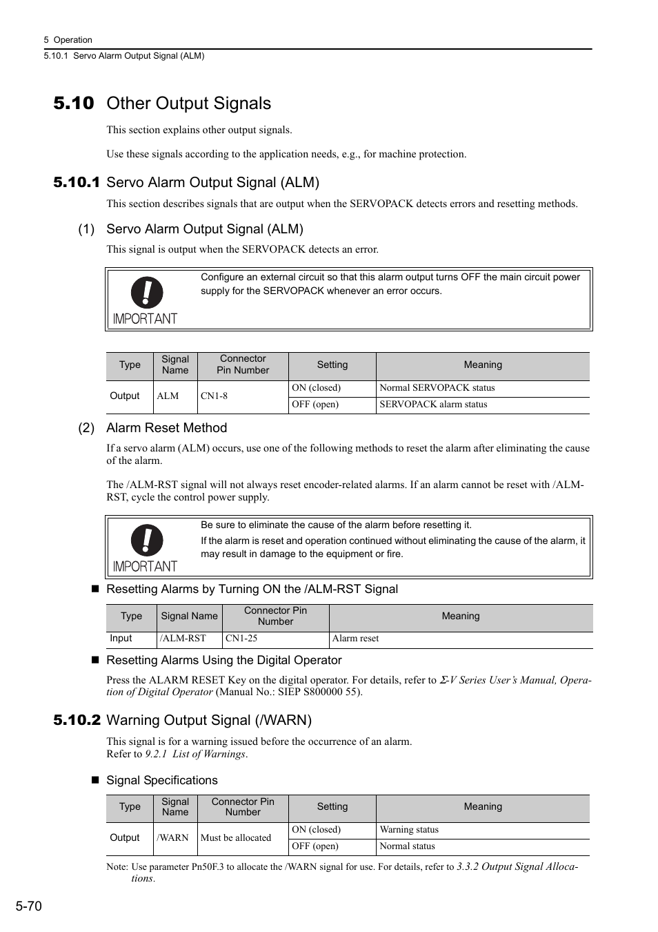 10 other output signals, 1 servo alarm output signal (alm), 2 warning output signal (/warn) | 1) servo alarm output signal (alm), 2) alarm reset method | Yaskawa Σ-V Series AC Servo Drives Rotational Motor Analog Voltage Reference User Manual | Page 150 / 320