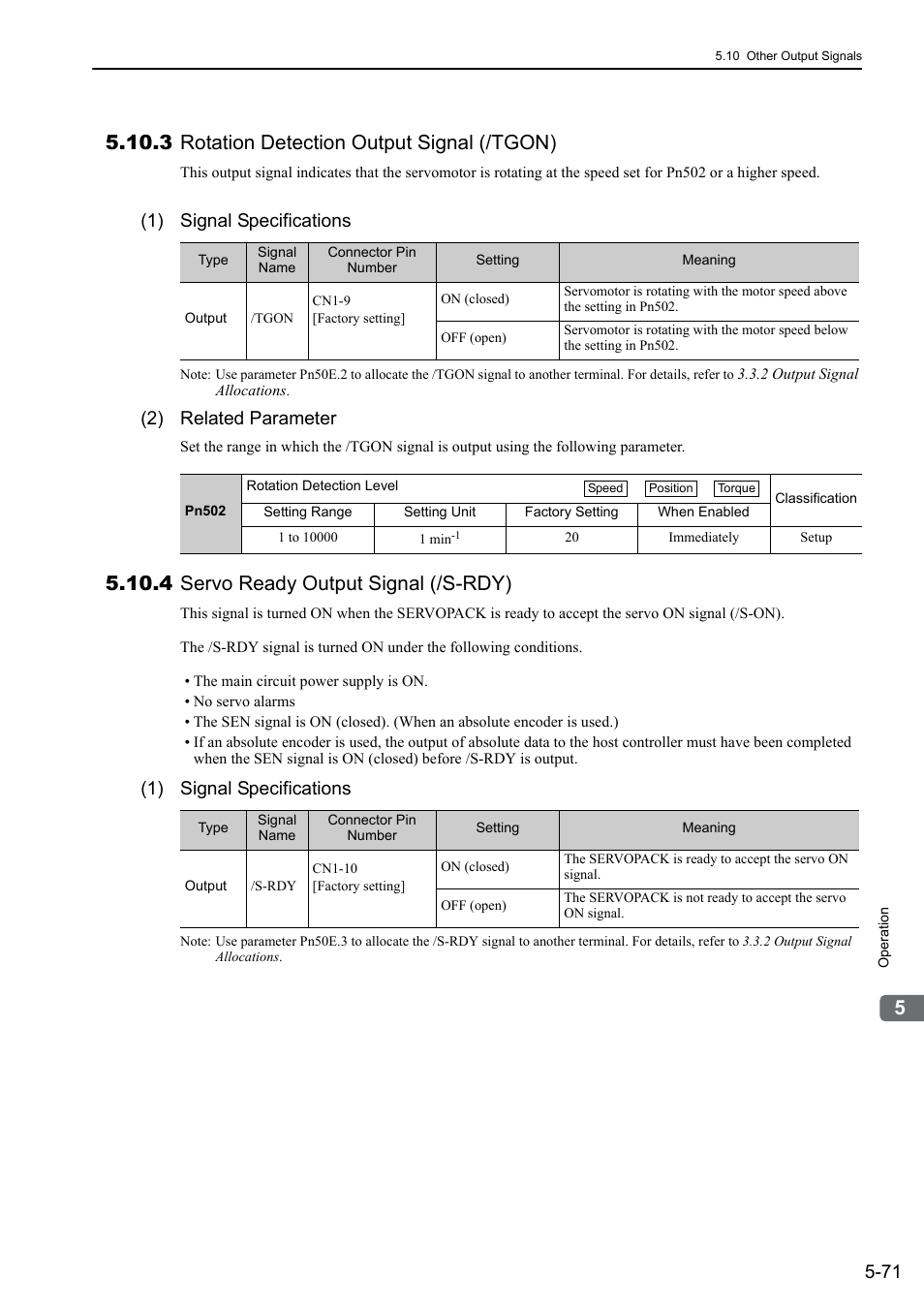 3 rotation detection output signal (/tgon), 4 servo ready output signal (/s-rdy), 1) signal specifications | 2) related parameter | Yaskawa Σ-V Series AC Servo Drives Rotational Motor Analog Voltage Reference User Manual | Page 151 / 320
