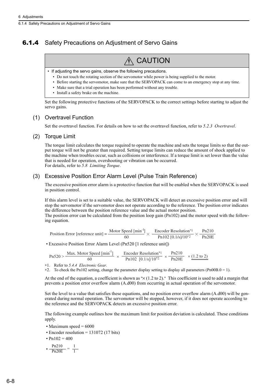 4 safety precautions on adjustment of servo gains, Caution, 1) overtravel function | 2) torque limit | Yaskawa Σ-V Series AC Servo Drives Rotational Motor Analog Voltage Reference User Manual | Page 159 / 320