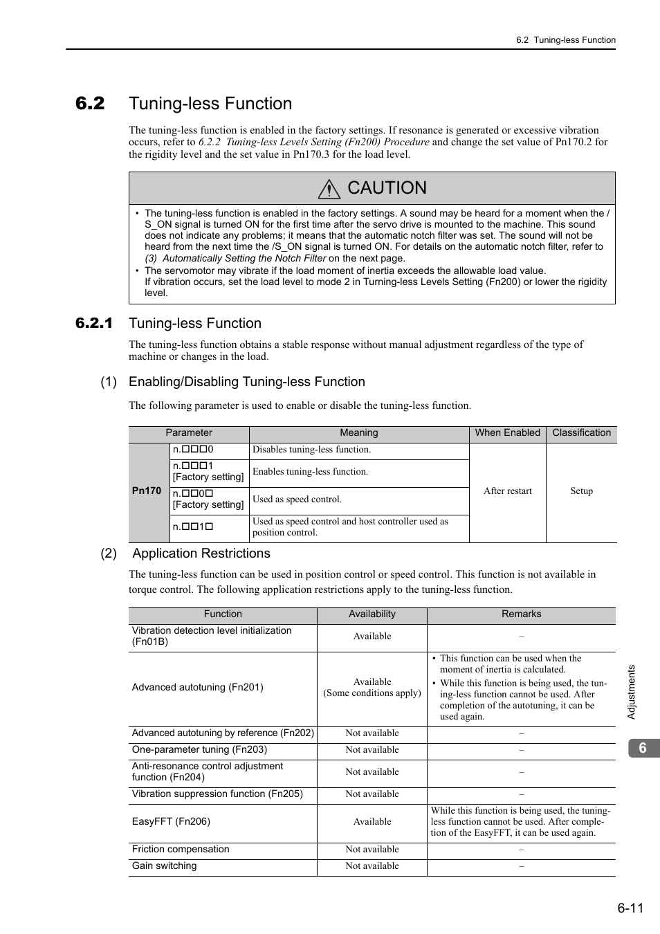 2 tuning-less function, 1 tuning-less function, Caution | 1) enabling/disabling tuning-less function, 2) application restrictions | Yaskawa Σ-V Series AC Servo Drives Rotational Motor Analog Voltage Reference User Manual | Page 162 / 320