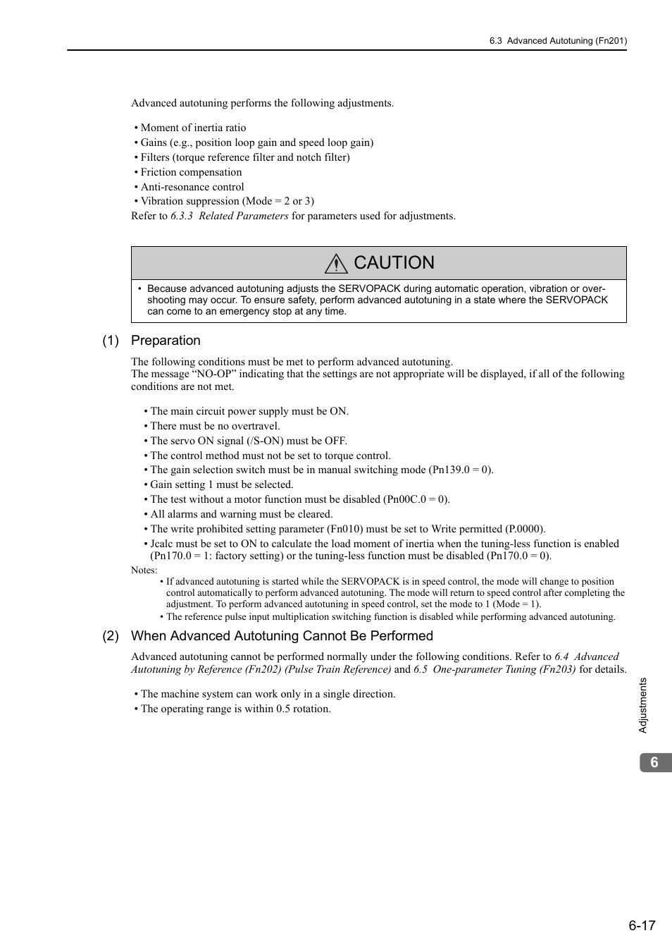 Caution, 1) preparation, 2) when advanced autotuning cannot be performed | Yaskawa Σ-V Series AC Servo Drives Rotational Motor Analog Voltage Reference User Manual | Page 168 / 320